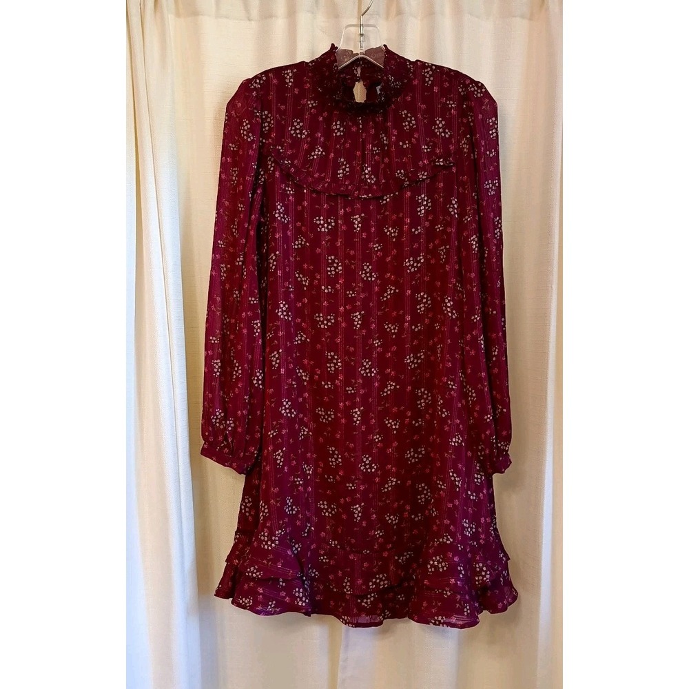 Cece Women's Size S Long Sleeve Mock Neck Purple Floral Print‎ Smocked Dress